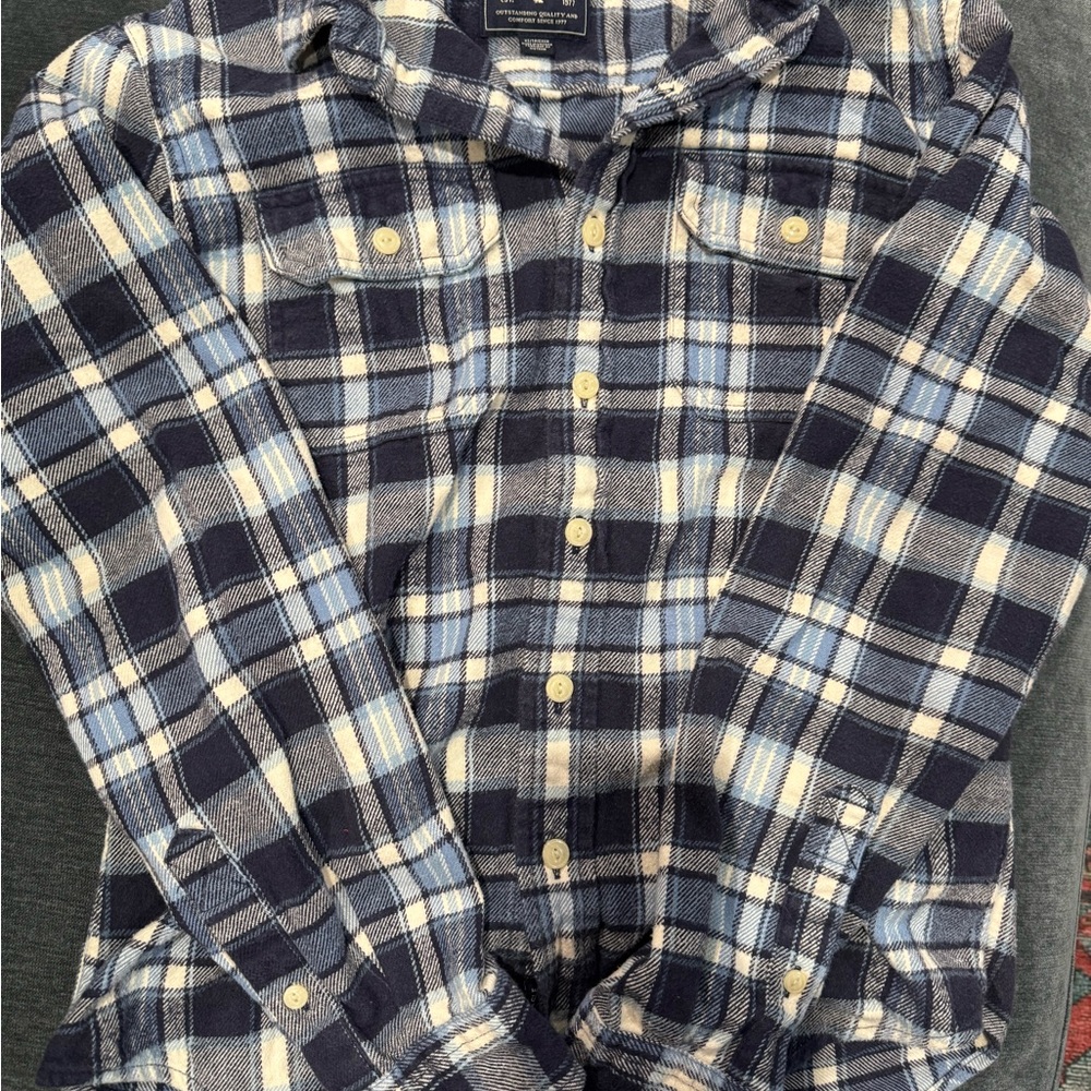 American Eagle Outfitters Navy and Cream Plaid Shirt